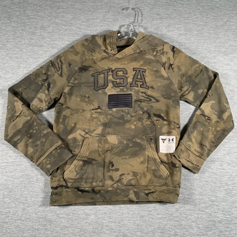 Under Armour Hoodie Youth Large 14/16 Green Camo USA Freedom Fleece Pullover
